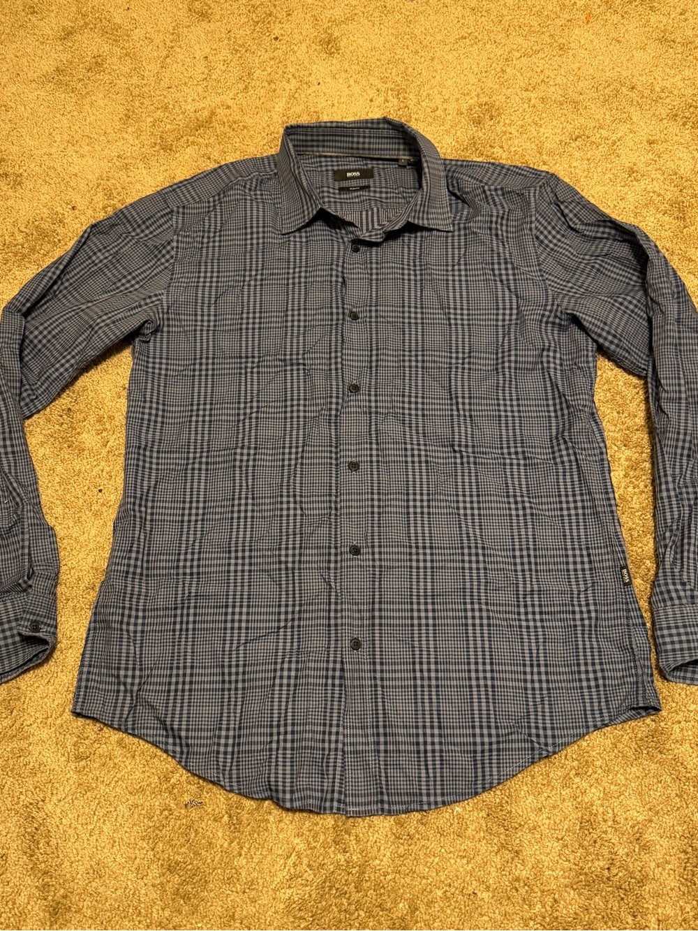 Hugo Boss Dress Shirt Mens Large Blue Check Slim Fit Long Sleeve Button Up Logo